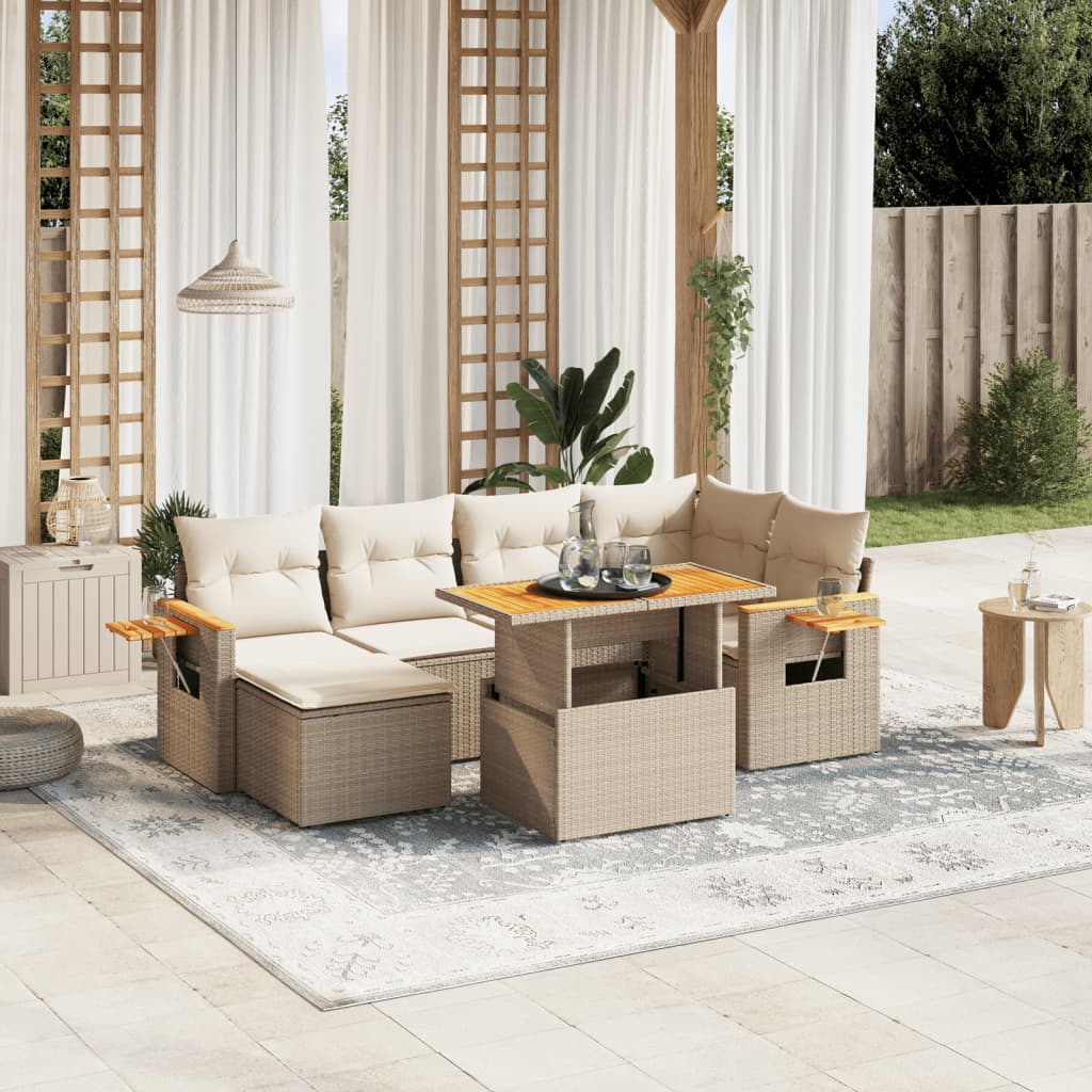 7-tlg. Garten-Sofagarnitur mit Kissen Beige Poly Rattan
