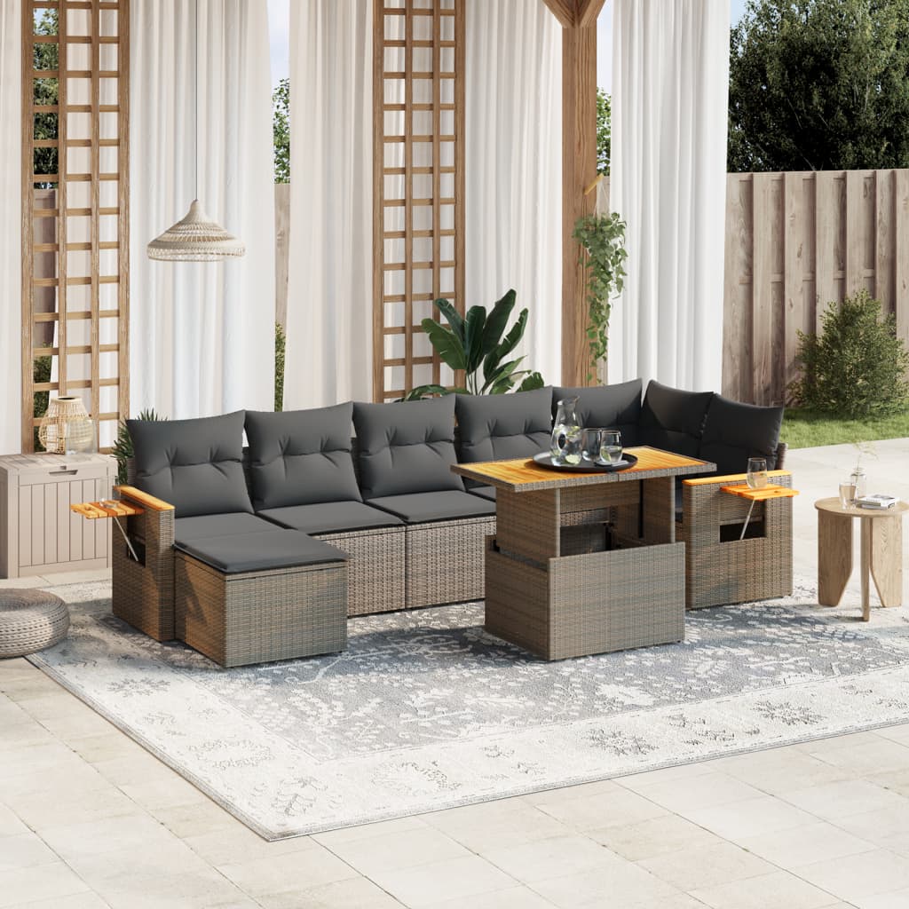 8-tlg. Garten-Sofagarnitur mit Kissen Grau Poly Rattan