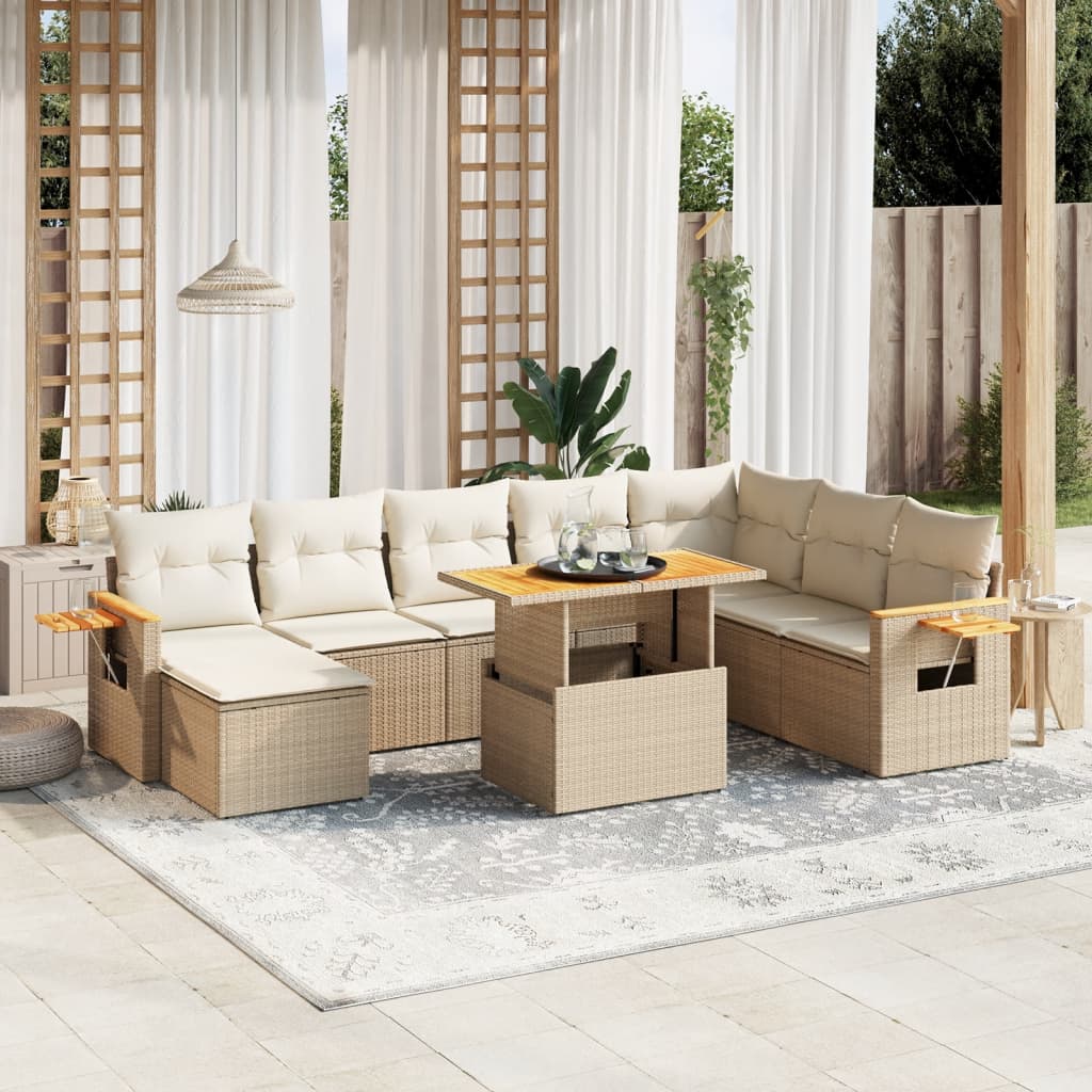 9-tlg. Garten-Sofagarnitur mit Kissen Beige Poly Rattan
