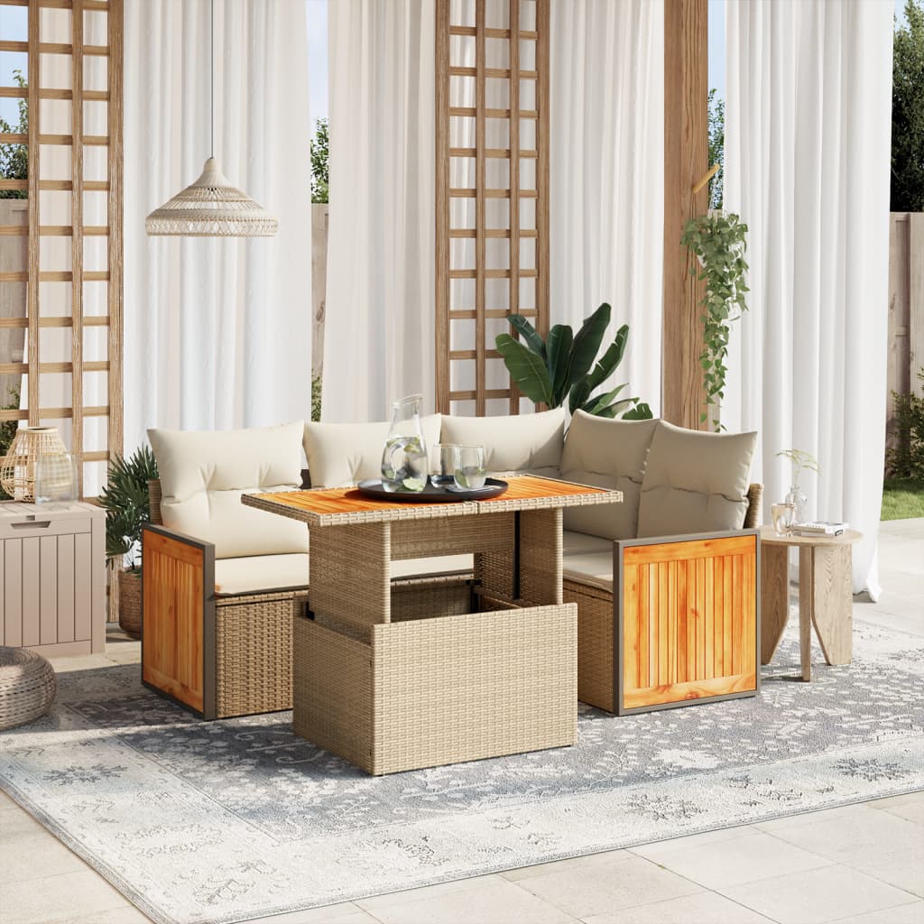 5-tlg. Garten-Sofagarnitur mit Kissen Beige Poly Rattan
