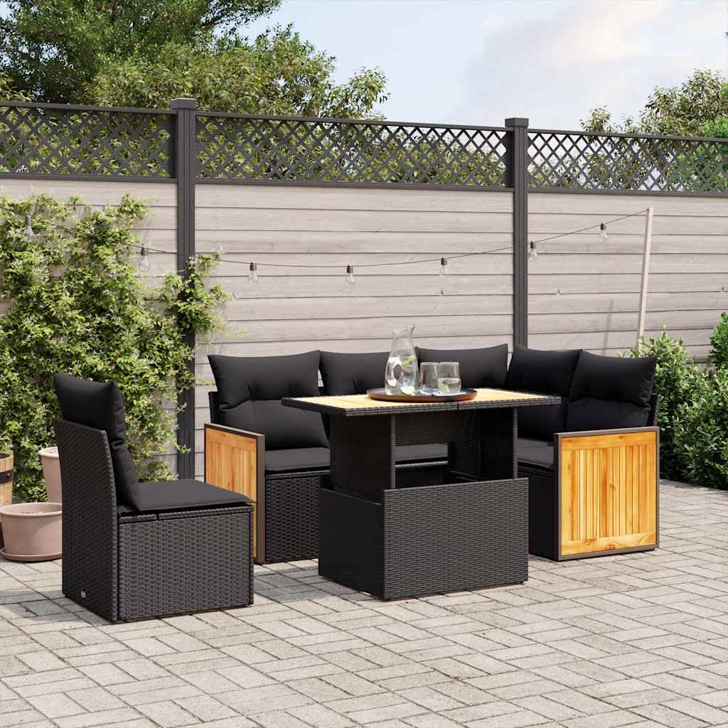 6-tlg. Garten-Sofagarnitur mit Kissen Schwarz Poly Rattan