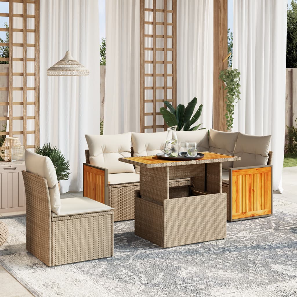 6-tlg. Garten-Sofagarnitur mit Kissen Beige Poly Rattan