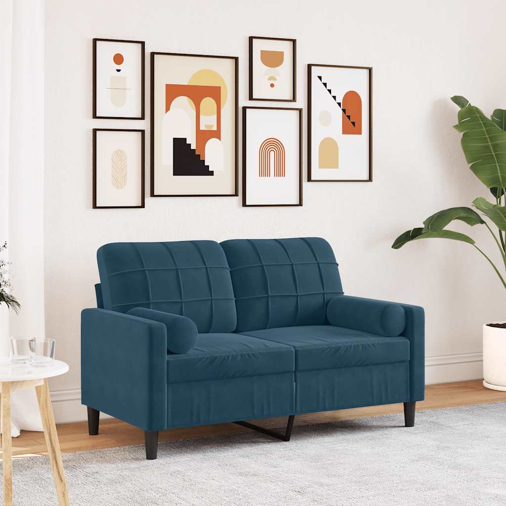 2-Sitzer-Sofa mit Zierkissen Blau 120 cm Samt