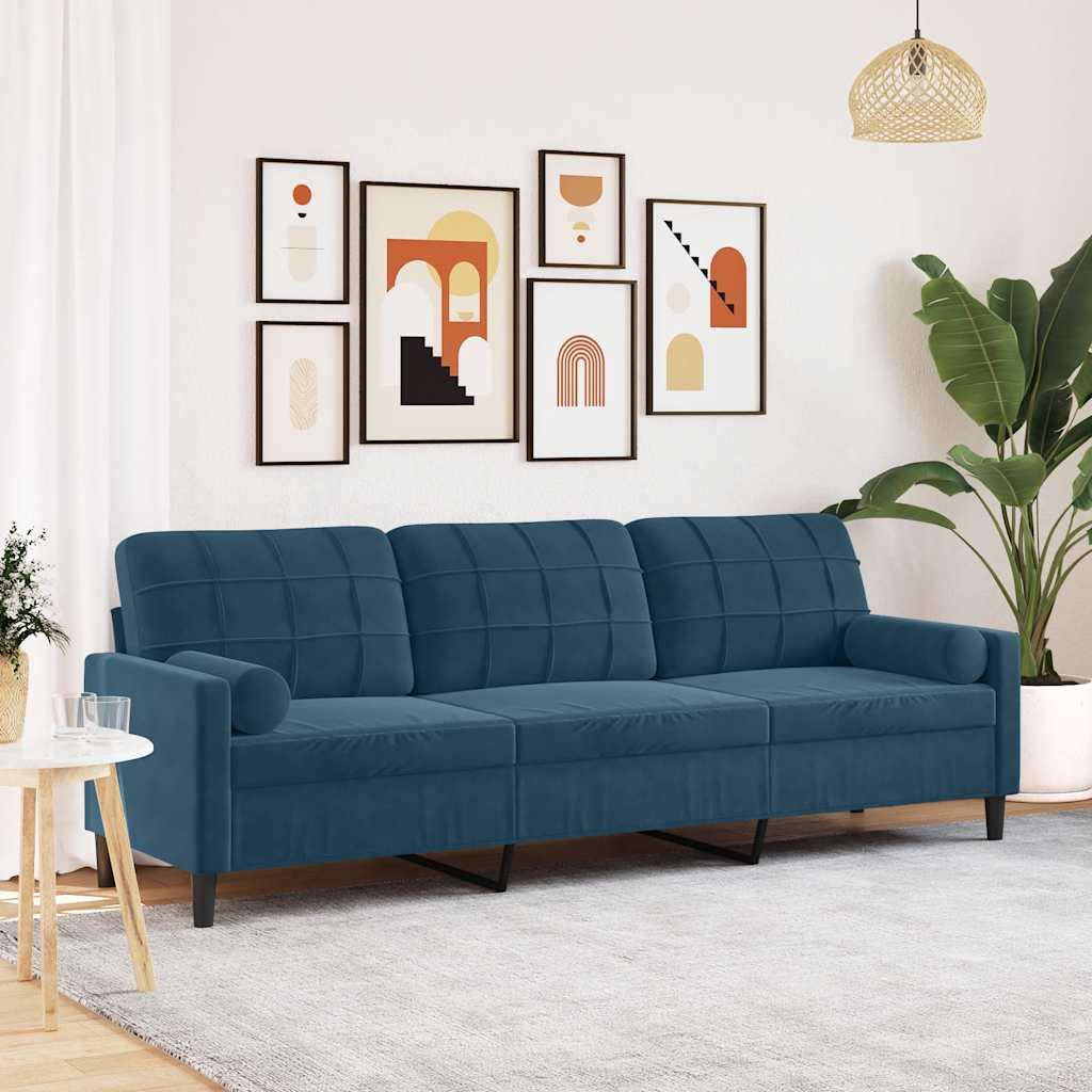 Sofa 3-Sitzer mit Zierkissen Blau 210 cm Samt