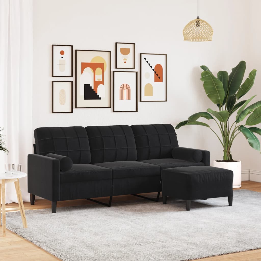 3-Sitzer-Sofa mit Hocker Schwarz 180 cm Samt