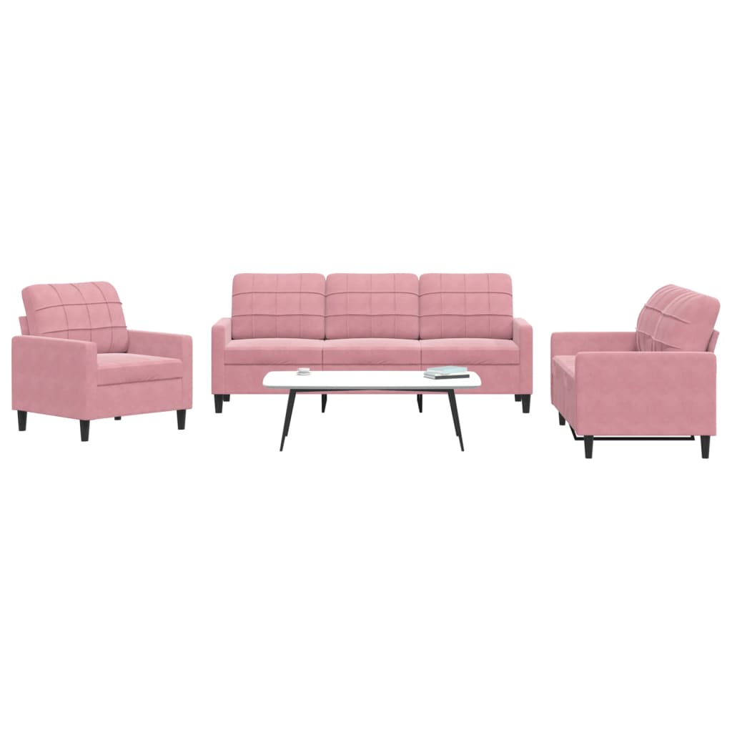 3-tlg. Sofagarnitur mit Kissen Rosa Samt