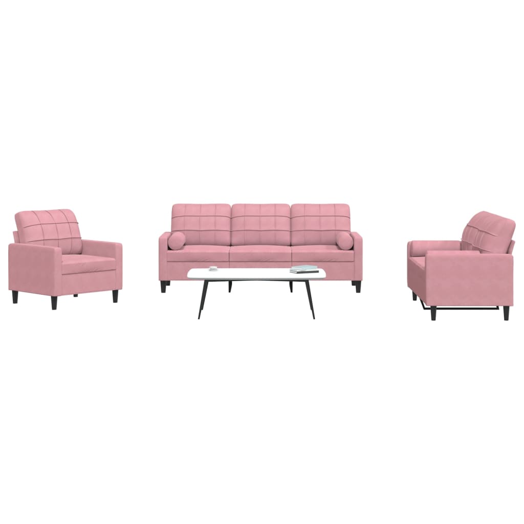 3-tlg. Sofagarnitur mit Kissen und Nackenrollen Rosa Samt