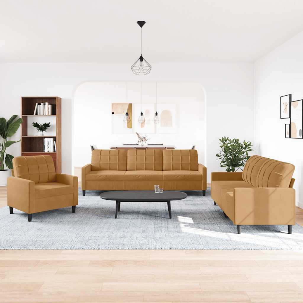 3-tlg. Sofagarnitur mit Kissen Braun Samt