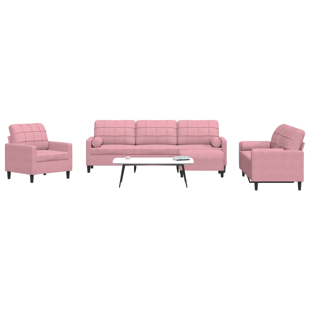4-tlg. Sofagarnitur mit Kissen und Nackenrollen Rosa Samt