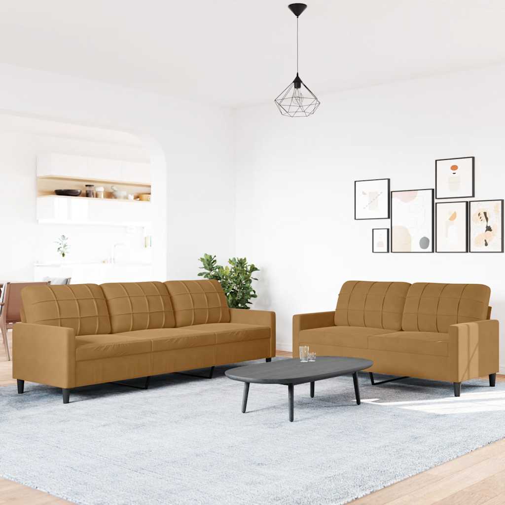 2-tlg. Sofagarnitur mit Kissen Braun Samt