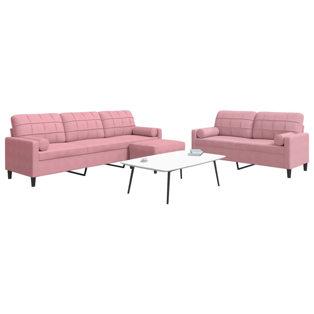 3-tlg. Sofagarnitur mit Kissen und Nackenrollen Rosa Samt