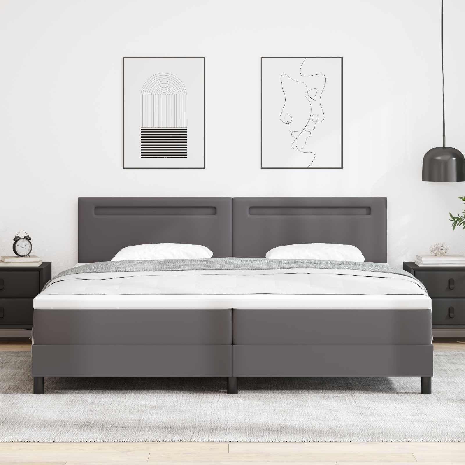 Boxspringbett mit LED-Lichtleisten Grau 200 x 200 cm Kunstleder
