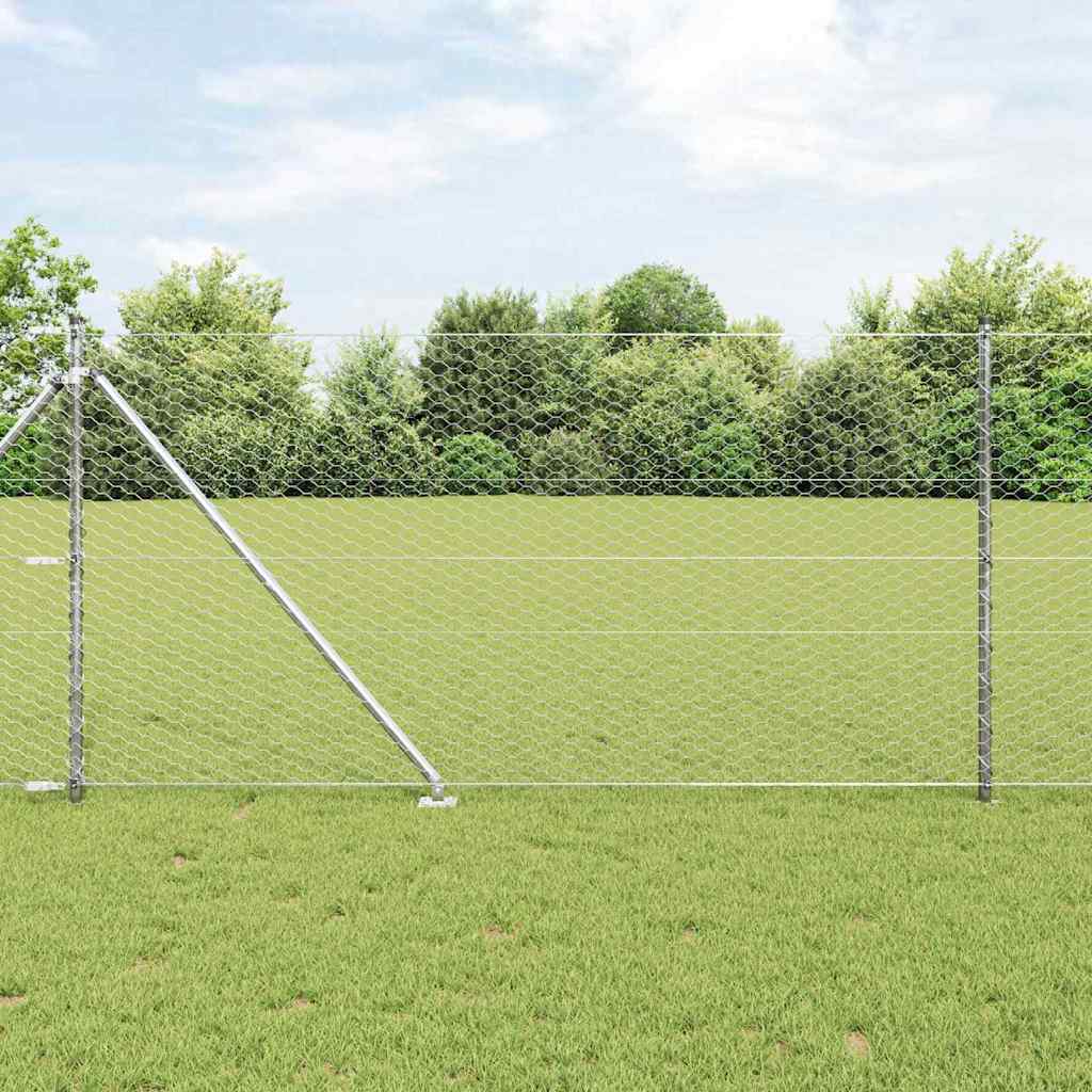 Sechseckzaun mit Pfosten 25 x 1 m Verzinkter Stahl Silber Netz
