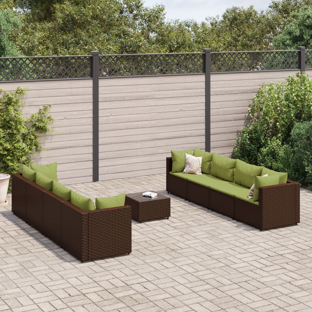 9-tlg. Garten-Lounge-Set mit Kissen Braun Poly Rattan