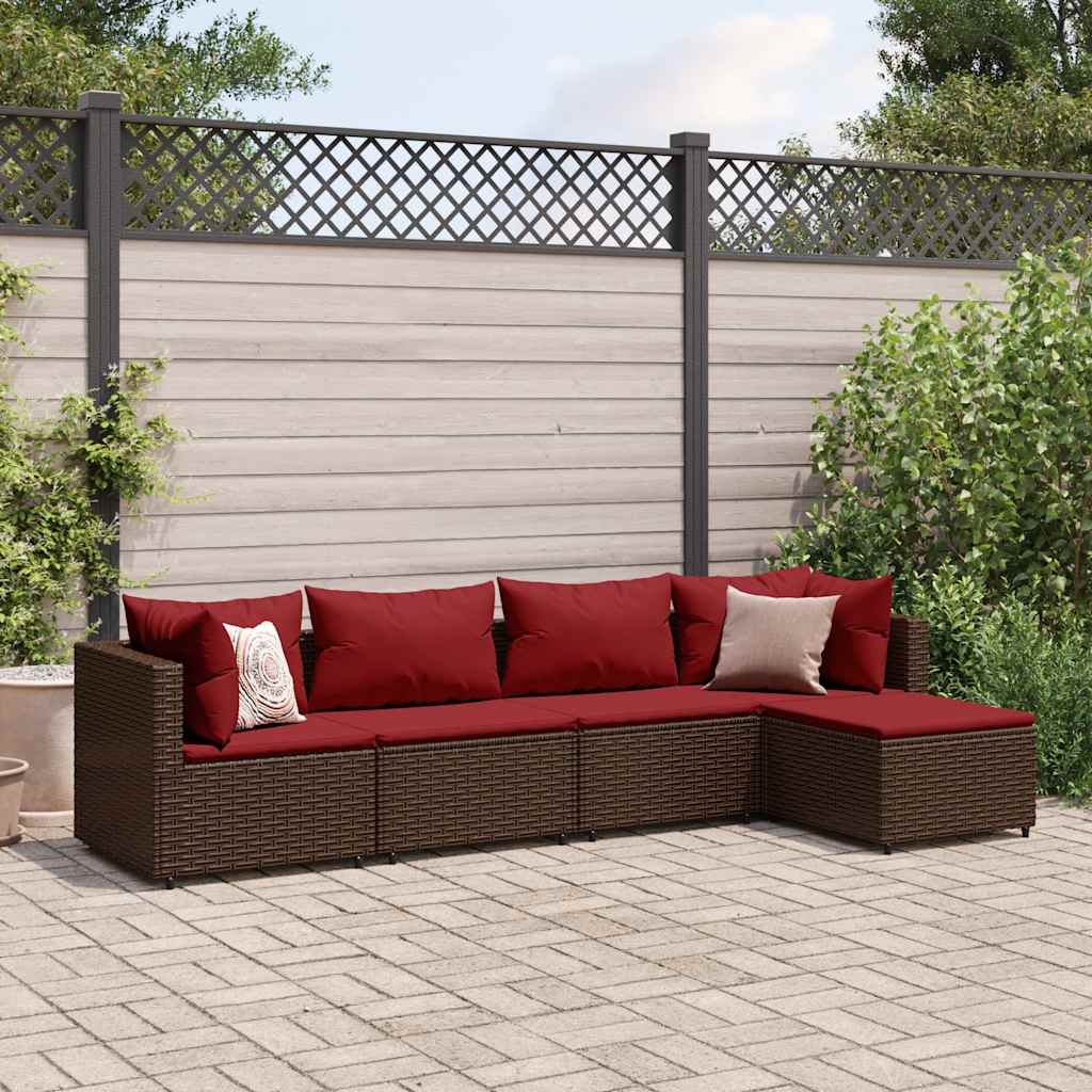 5-tlg. Garten-Lounge-Set mit Kissen Braun Poly Rattan