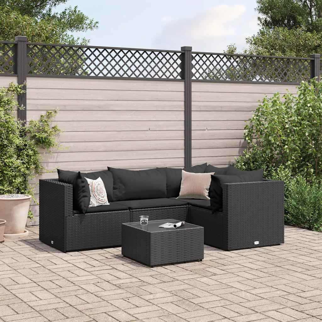 5-tlg. Garten-Lounge-Set mit Kissen Schwarz Poly Rattan