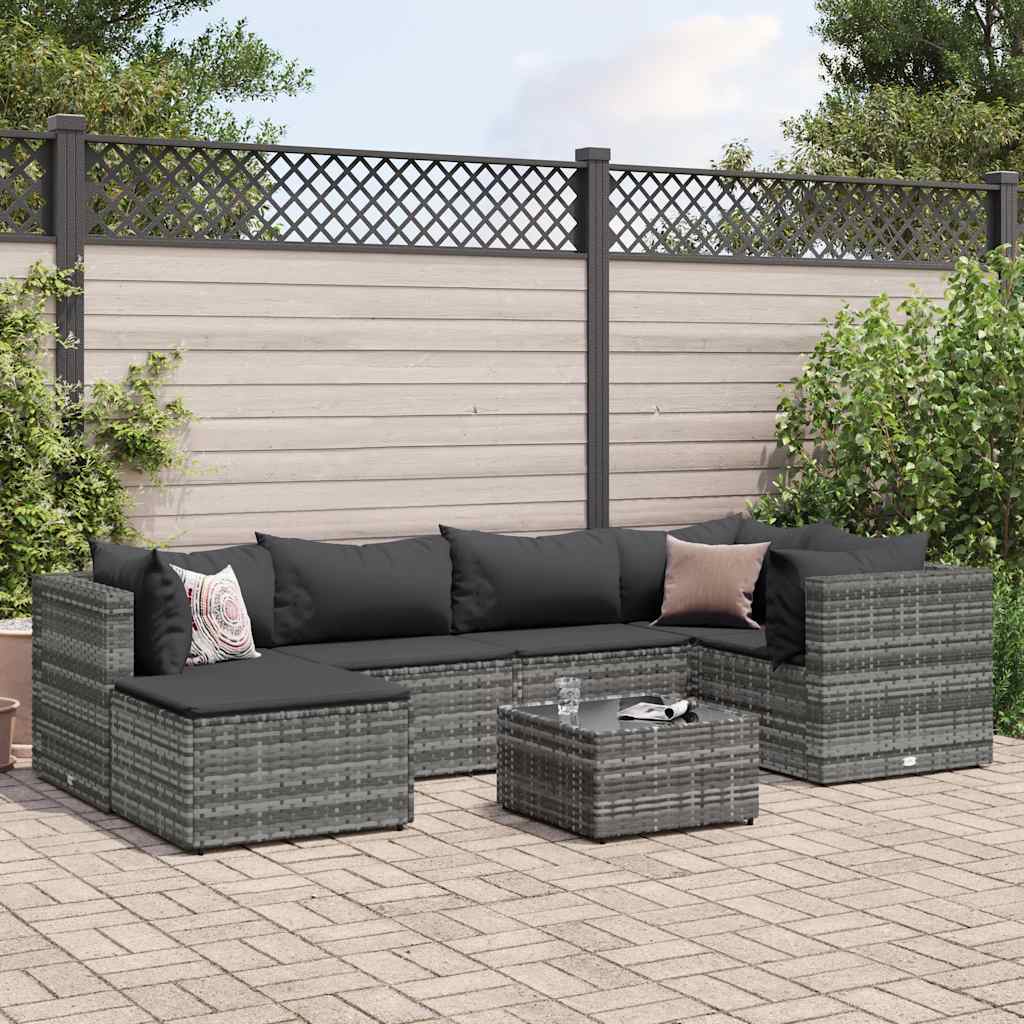 7-tlg. Garten-Lounge-Set mit Kissen Grau Poly Rattan