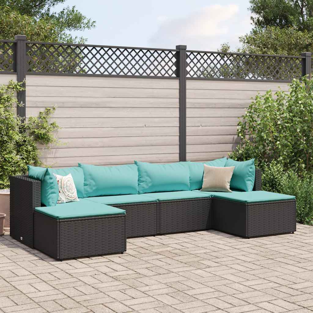 6-tlg. Garten-Lounge-Set mit Kissen Schwarz Poly Rattan