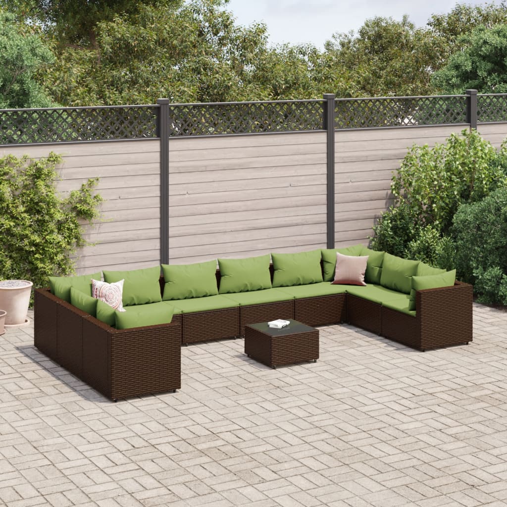 11-tlg. Garten-Lounge-Set mit Kissen Braun Poly Rattan