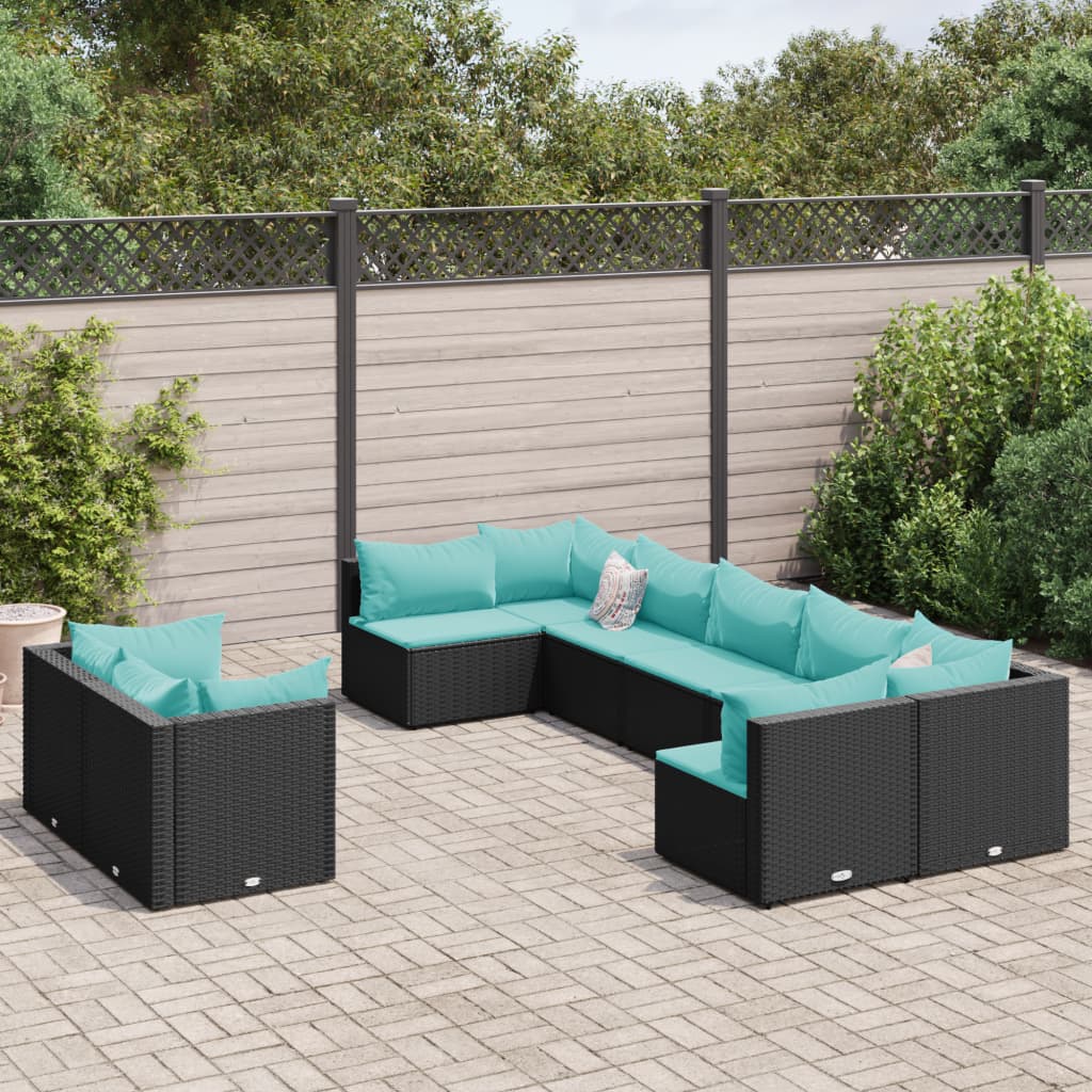 9-tlg. Garten-Sofagarnitur mit Kissen Schwarz Poly Rattan