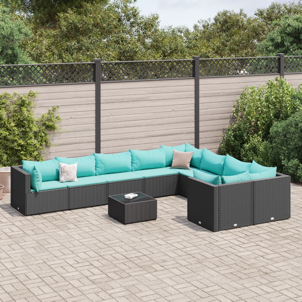 10-tlg. Garten-Sofagarnitur mit Kissen Schwarz Poly Rattan
