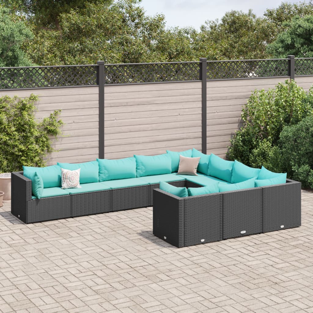 10-tlg. Garten-Sofagarnitur mit Kissen Schwarz Poly Rattan