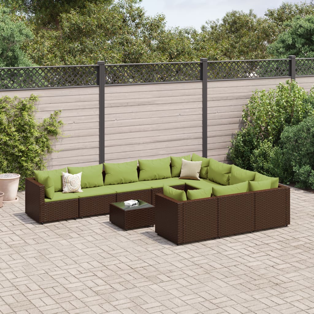 11-tlg. Garten-Sofagarnitur mit Kissen Braun Poly Rattan