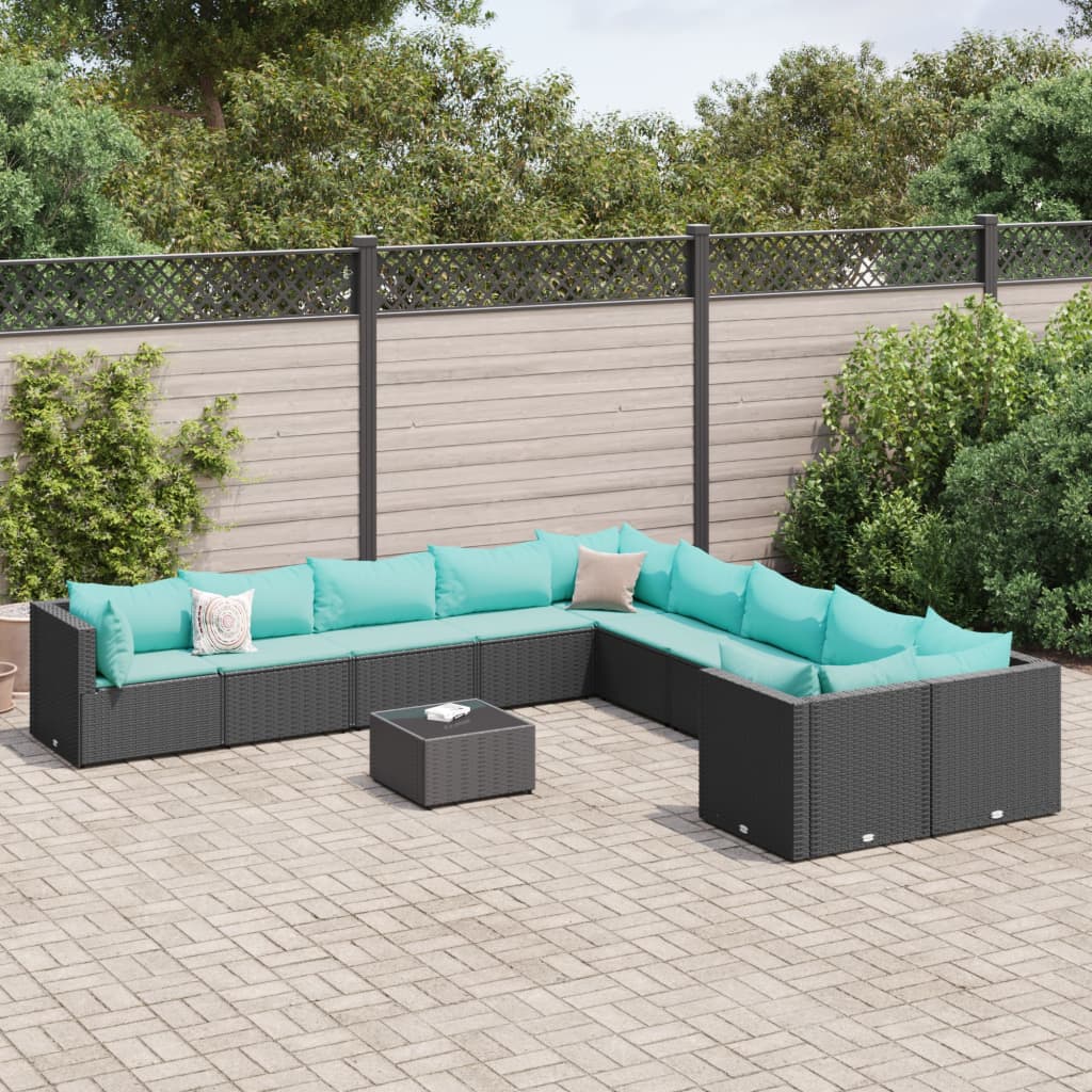 11-tlg. Garten-Sofagarnitur mit Kissen Schwarz Poly Rattan