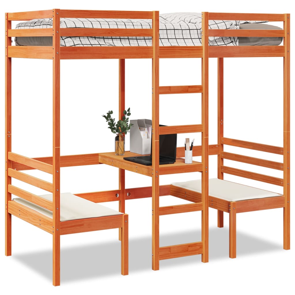 Hochbett mit Schreibtisch & Stühlen Braun 75x190 cm Kiefernholz