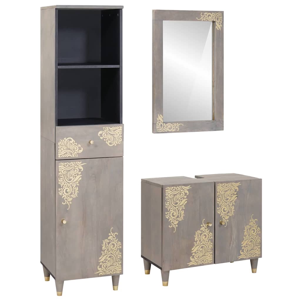 Badezimmerschrank-Set 3 Stk. Grau Massivholz Mango