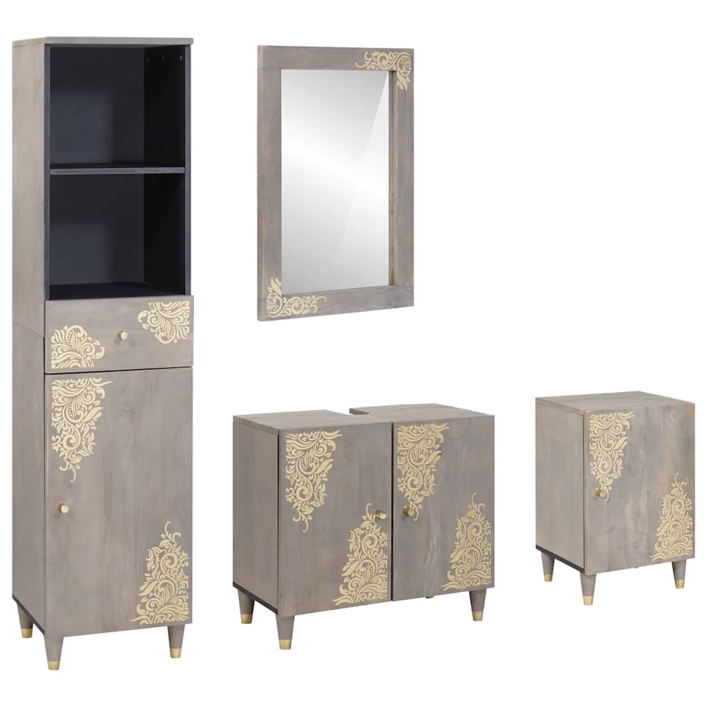 Badezimmerschrank-Set 4 Stk. Grau Massivholz Mango