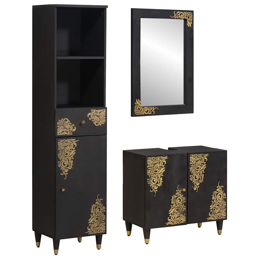 Badezimmerschrank-Set 3 Stk. Schwarz Massivholz Mango