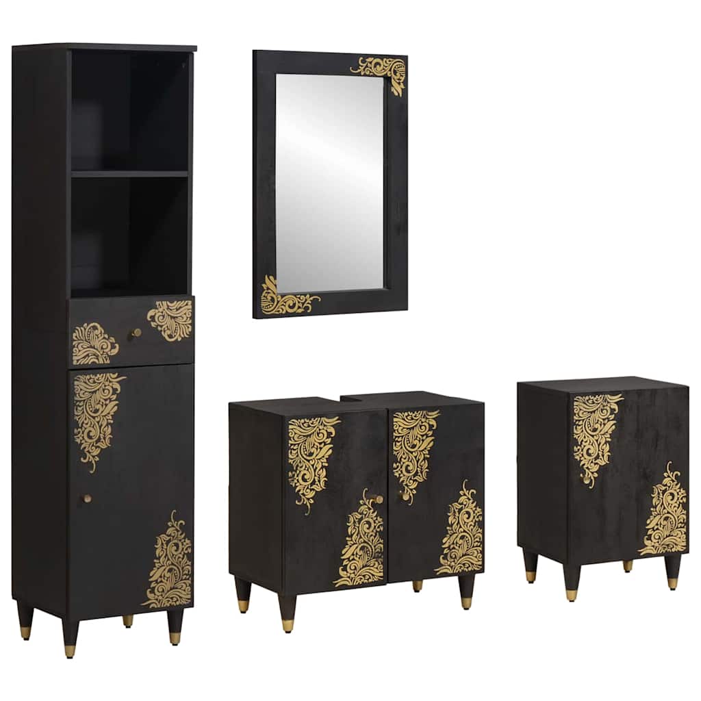 Badezimmerschrank-Set 4 Stk. Schwarz Massivholz Mango