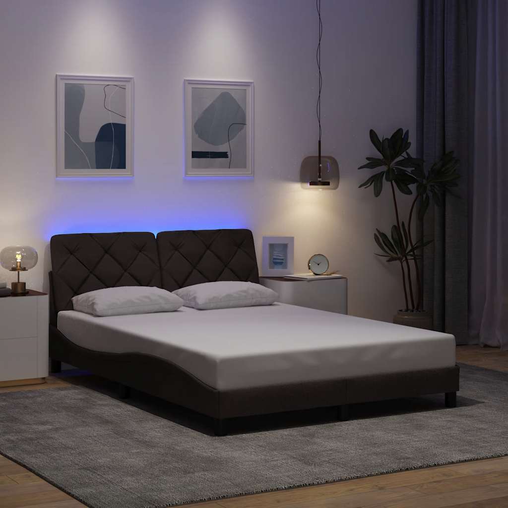Bettgestell mit LED ohne Matratze Dunkelbraun 140x200 cm Stoff