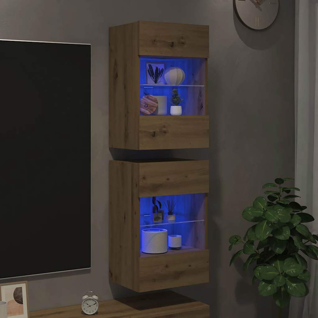 Wandschränke mit LED-Leuchten für TV 2 Stk. Artisan-Eiche
