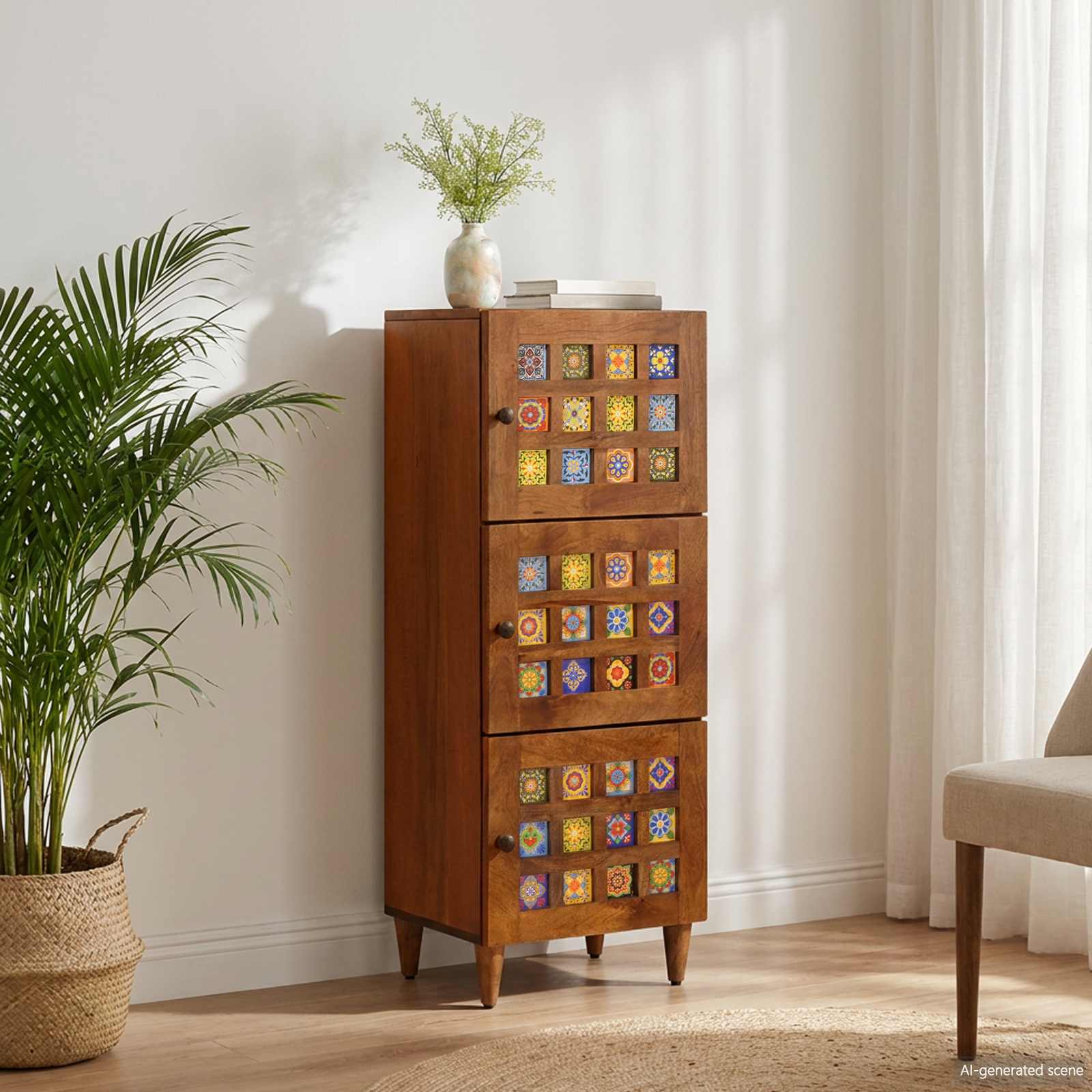 Highboard Walnuss 40 x 33 x 110 cm Massivholz Mango