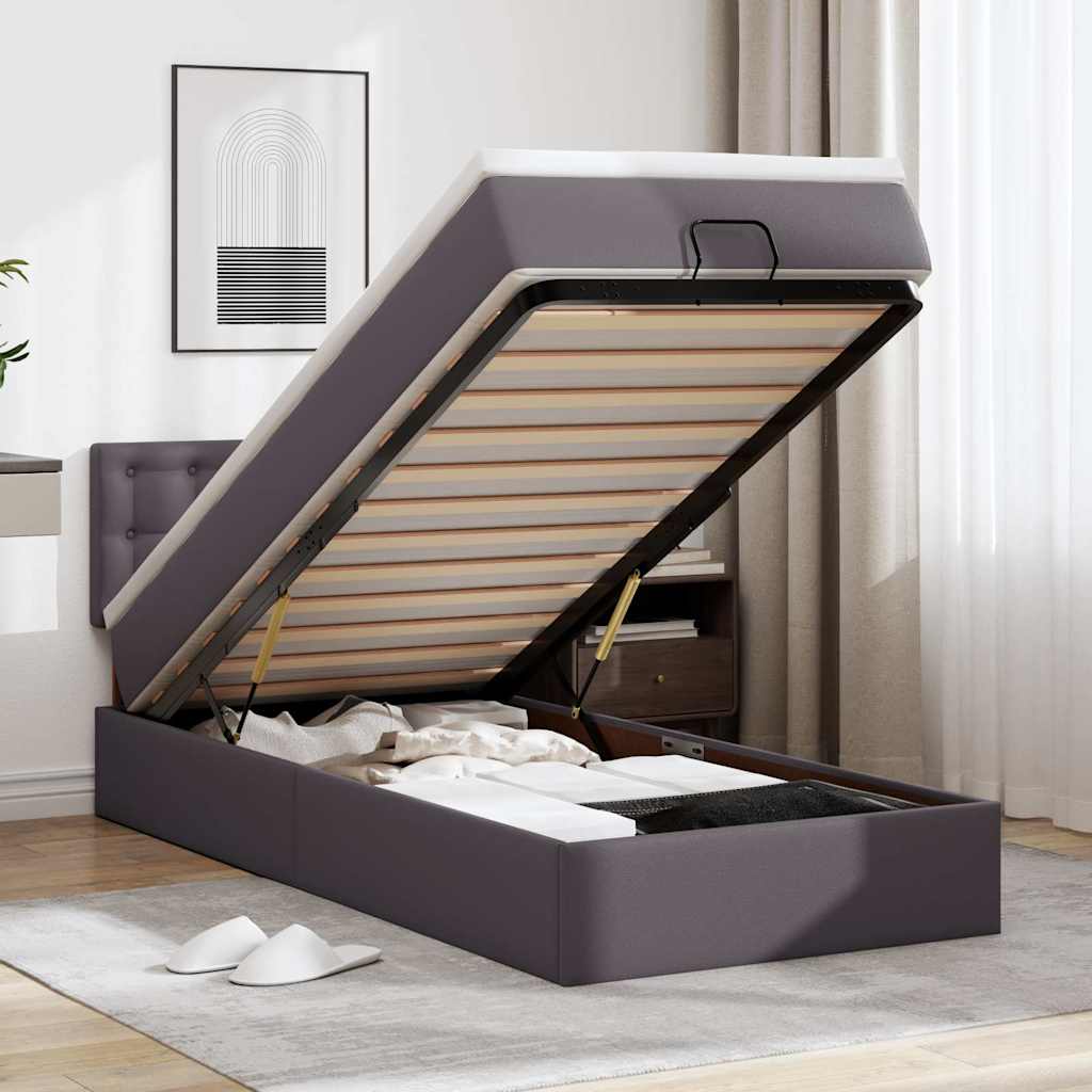 Ottoman-Bett mit Matratzen & LEDs Grau 90x190 cm Kunstleder