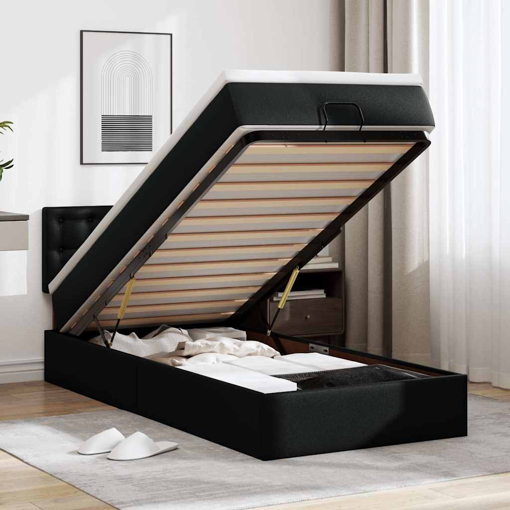 Ottoman-Bett mit Matratzen & LEDs Schwarz 90x200 cm Kunstleder
