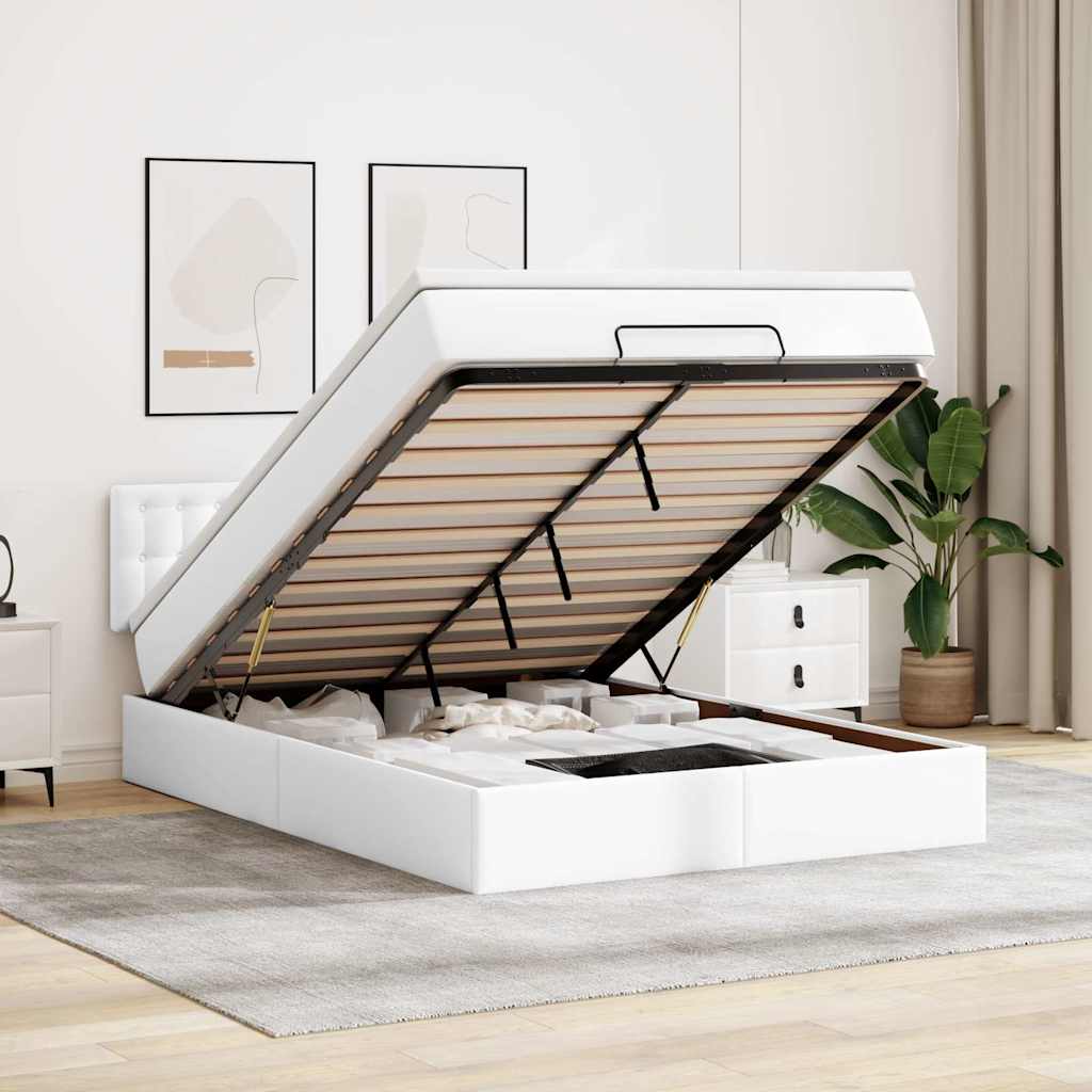 Ottoman-Bett mit Matratzen & LEDs Reinweiß 140x190cm Kunstleder