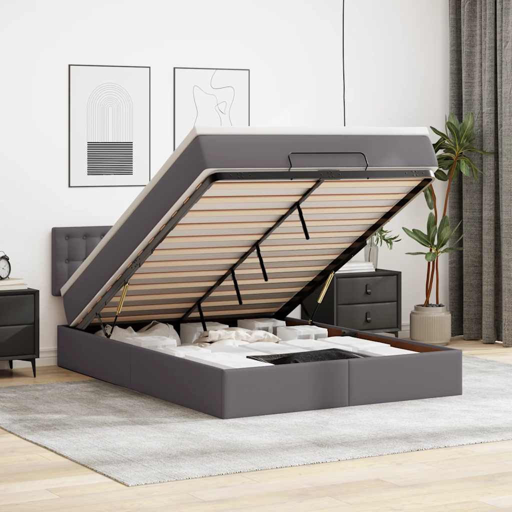 Ottoman-Bett mit Matratzen & LEDs Grau 140x200 cm Kunstleder