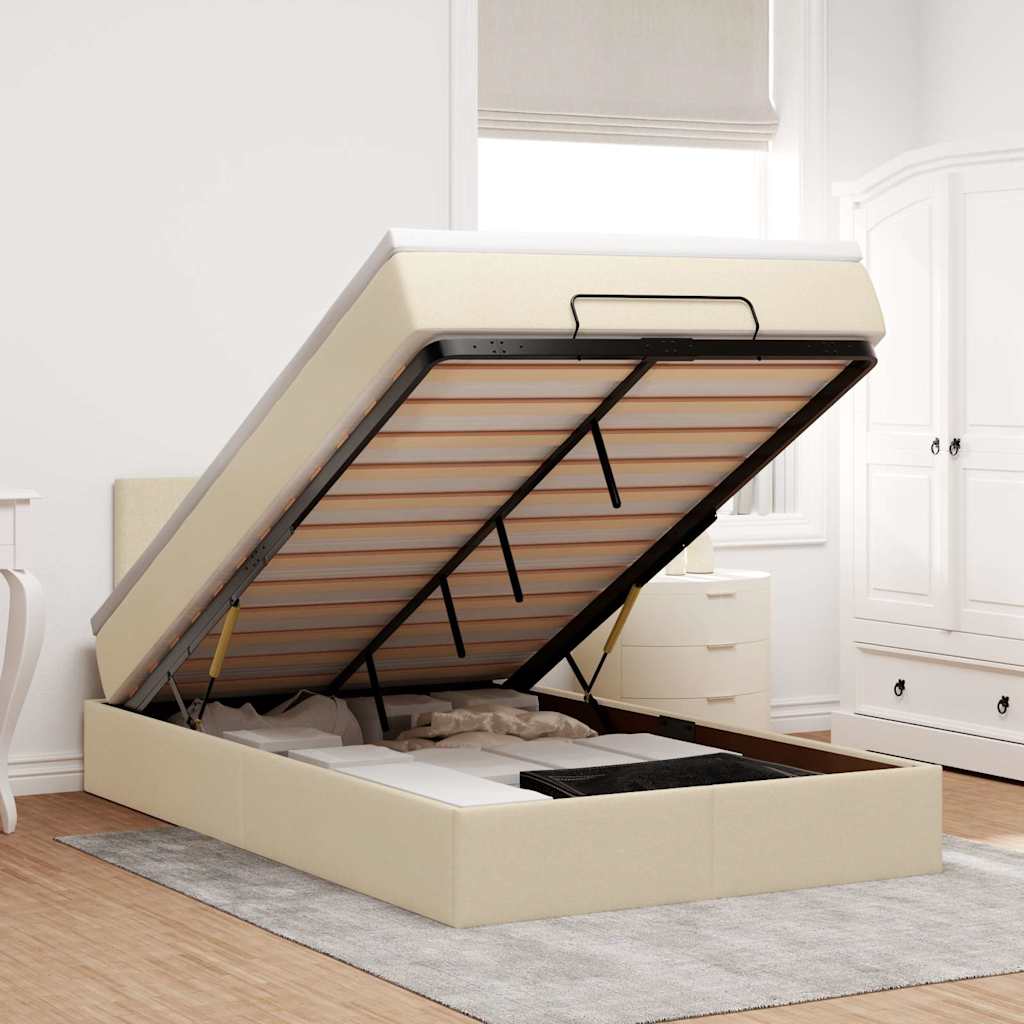 Ottomane Bett mit Matratze & LEDs Creme 120x190 cm Stoff