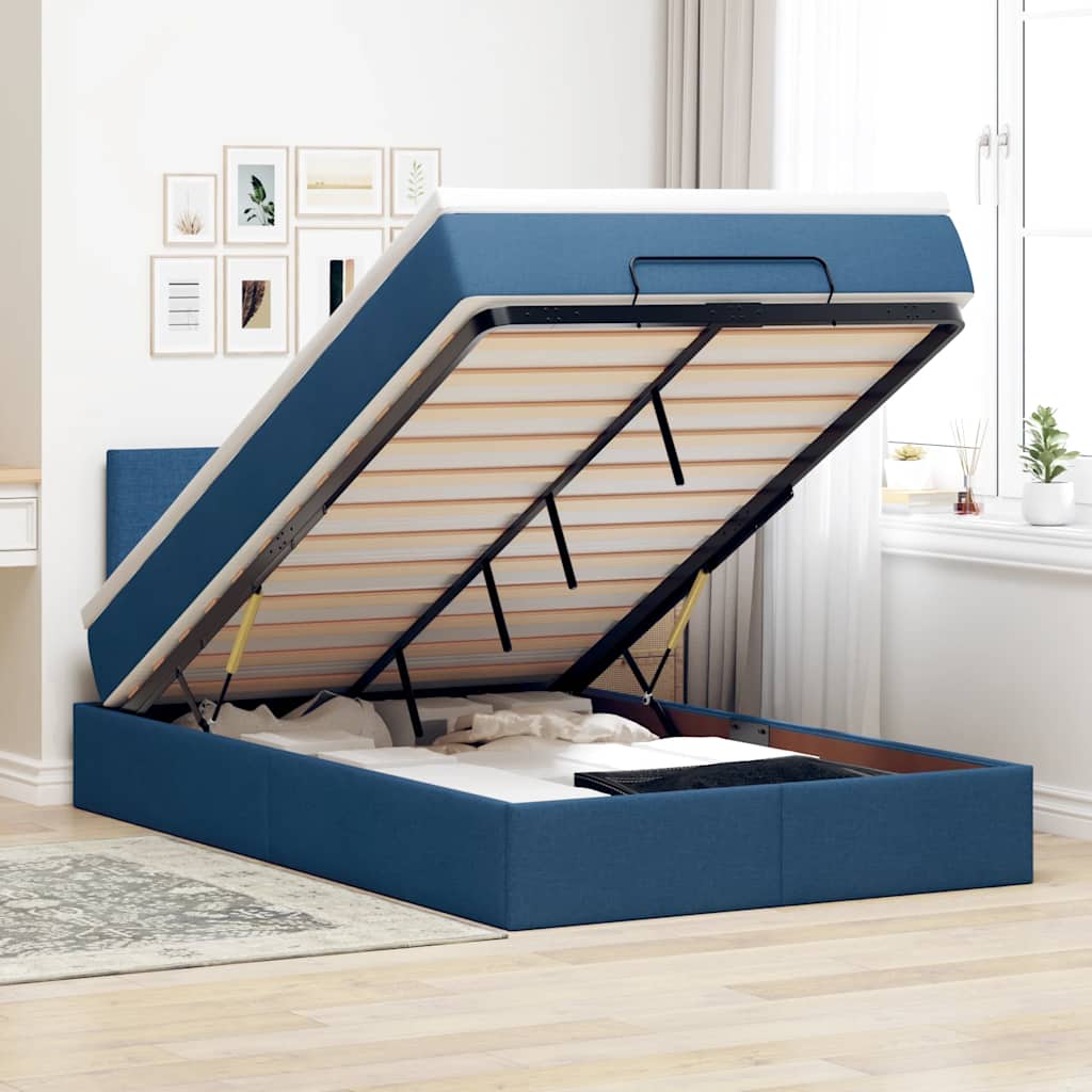 Ottomane Bett mit Matratze & LEDs Blau 120x200 cm Stoff