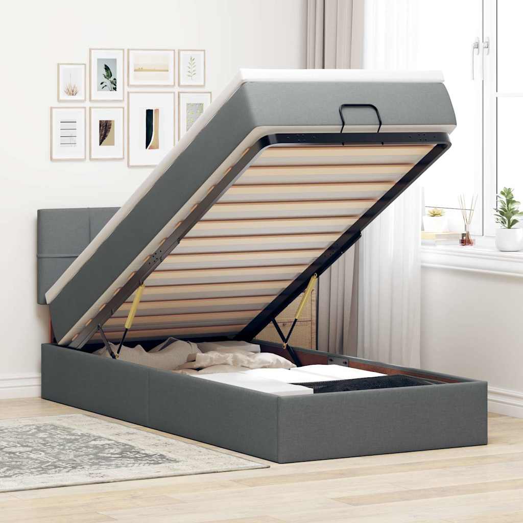 Ottoman-Bett mit Matratze & LEDs Dunkelgrau 90x190 cm Stoff