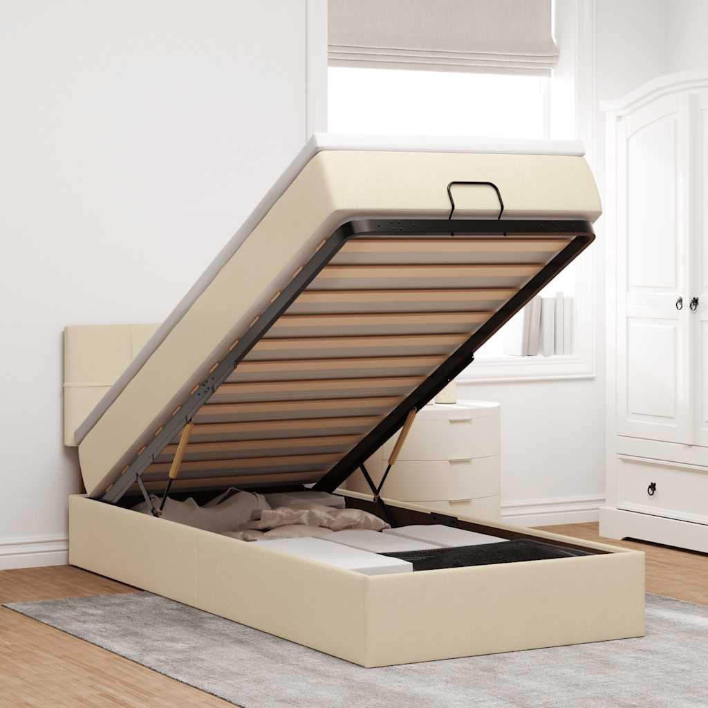 Ottomane Bett mit Matratze & LEDs Creme 90x200 cm Stoff
