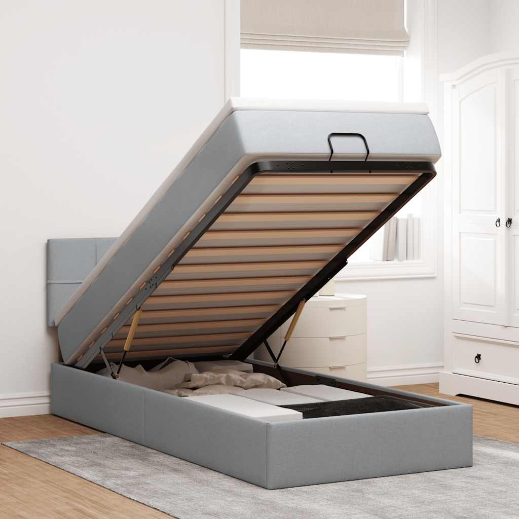 Ottoman-Bett mit Matratze & LEDs Hellgrau 100x200 cm Stoff