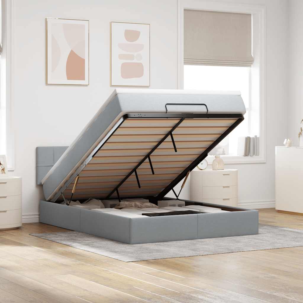 Ottomane Bett mit Matratze & LEDs Hellgrau 140x190 cm Stoff