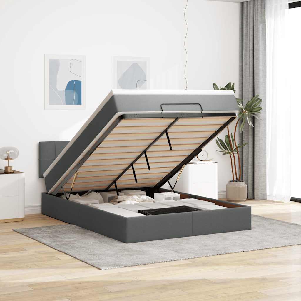 Ottomane Bett mit Matratze & LEDs Dunkelgrau 140x190 cm Stoff