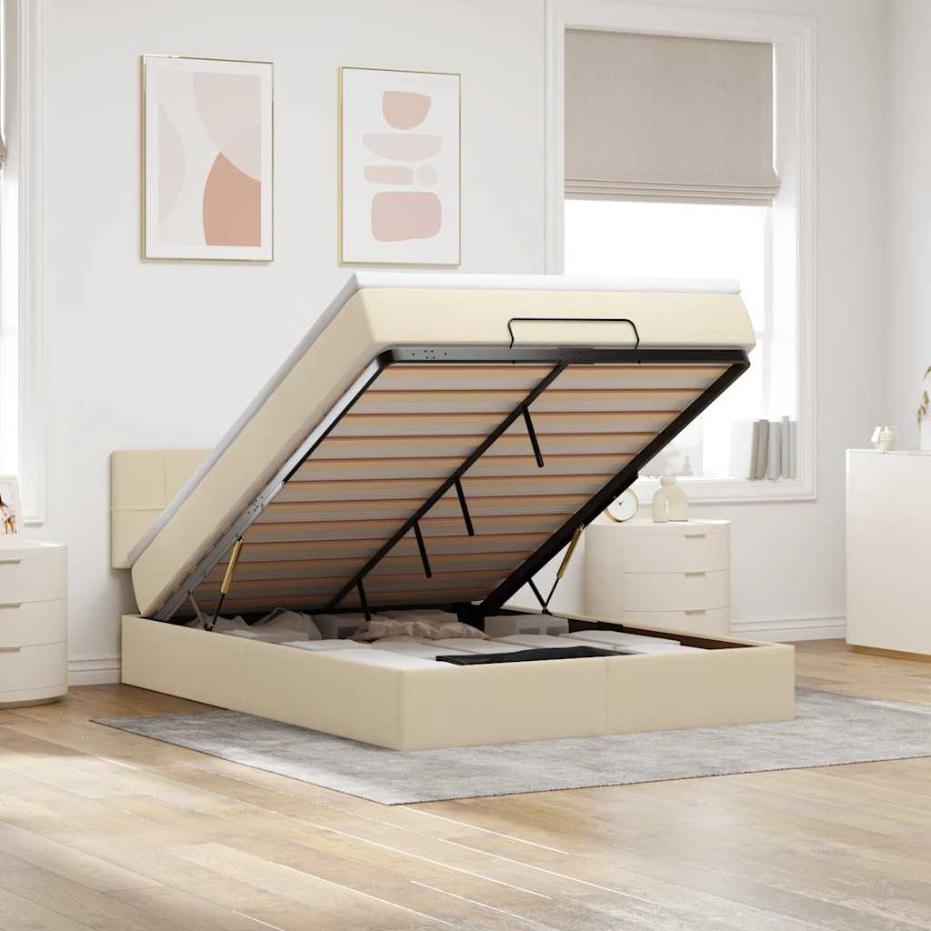 Ottomane Bett mit Matratze & LEDs Creme 140x190 cm Stoff