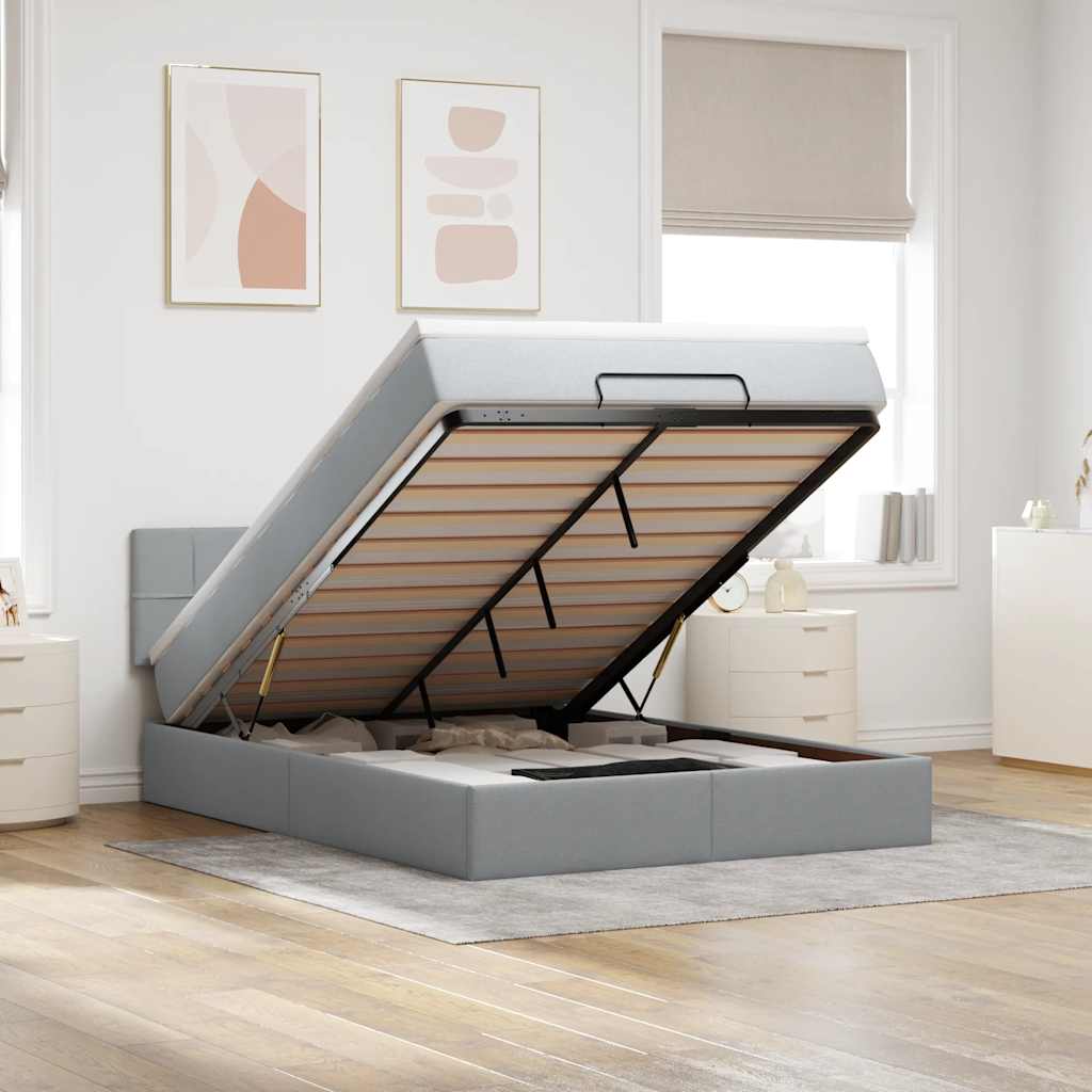 Ottoman-Bett mit Matratze & LEDs Hellgrau 140x200 cm Stoff