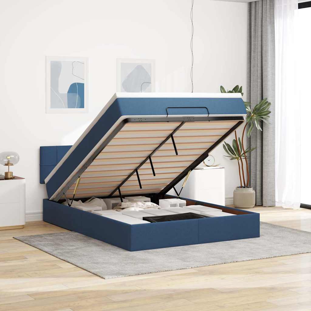 Ottoman-Bett mit Matratze & LEDs Blau 140x200 cm Stoff
